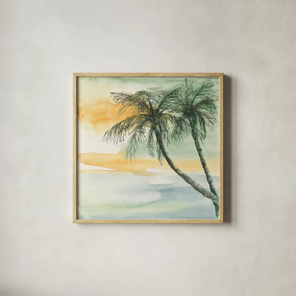 Island Sunset II by Chris Paschke. Shown in a natural wood glass frame for a timeless modern aesthetic. Available as an archival giclee rolled canvas, fine art paper, or poster print. SKU 23898a.