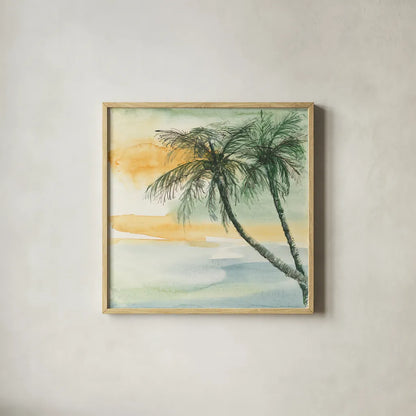 Island Sunset II by Chris Paschke. Shown in a natural wood glass frame for a timeless modern aesthetic. Available as an archival giclee rolled canvas, fine art paper, or poster print. SKU 23898a.