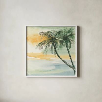 Island Sunset II by Chris Paschke. Shown in a crisp white glass frame for a clean and minimalist style. Available as an archival giclee rolled canvas, fine art paper, or poster print. SKU 23898a.