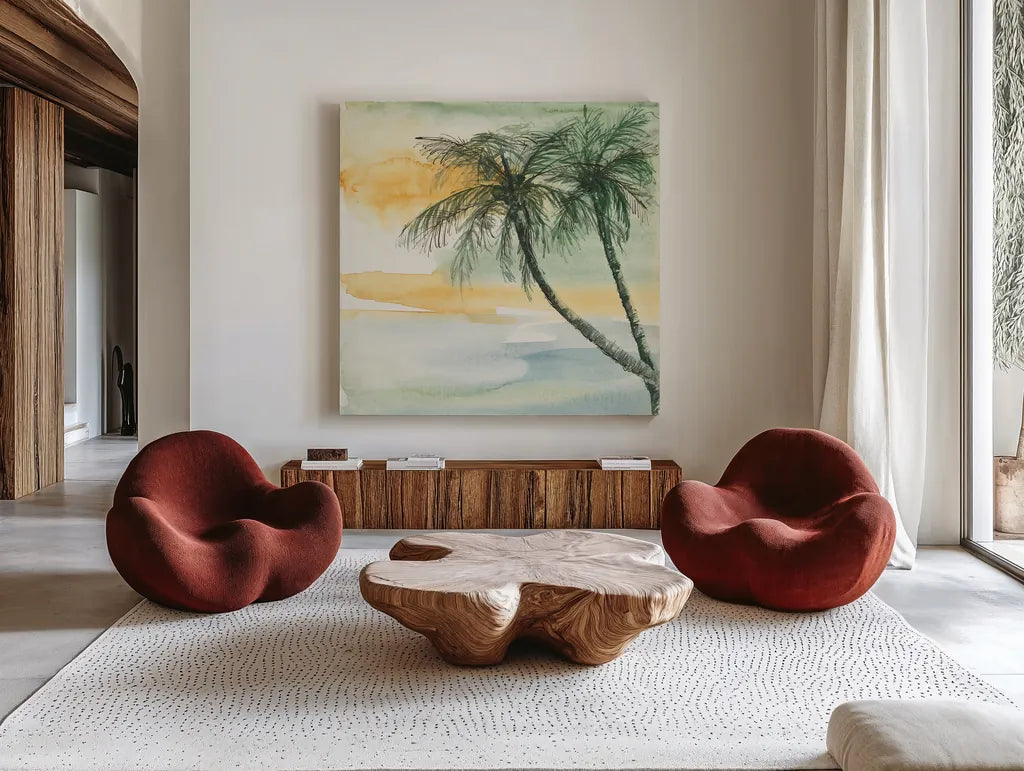 Island Sunset II by Chris Paschke. Shown as extra-large giant wall art in a modern living room. Available as an archival giclee rolled canvas, fine art paper, or poster print. SKU 23898a.