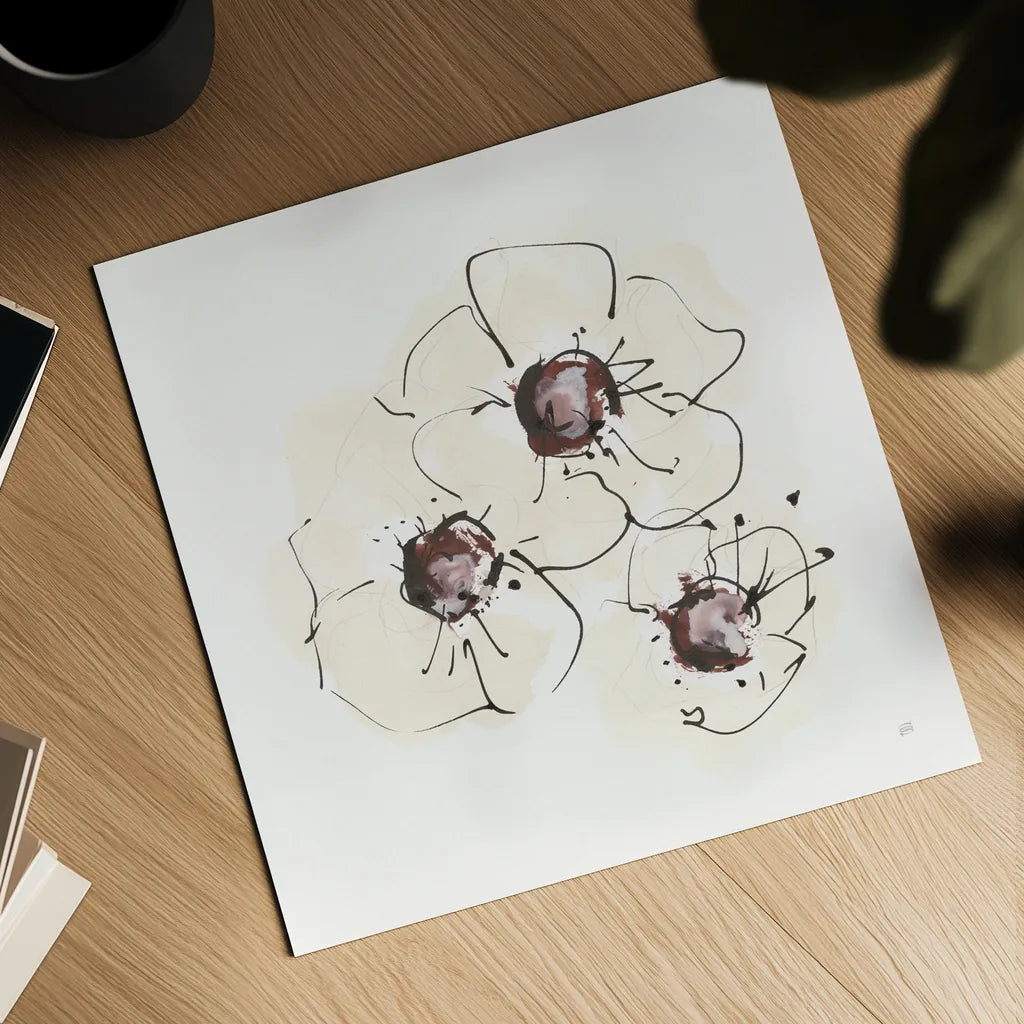 Ivory Poppies II by Chris Paschke. Shown as a detailed flat fine art print, highlighting archival giclee quality. Available as an archival giclee rolled canvas, fine art paper, or poster print. SKU 91443a.