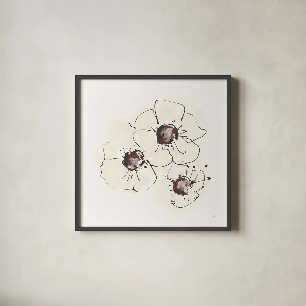 Ivory Poppies II by Chris Paschke. Shown in a sleek black glass frame for a contemporary gallery look. Available as an archival giclee rolled canvas, fine art paper, or poster print. SKU 91443a.