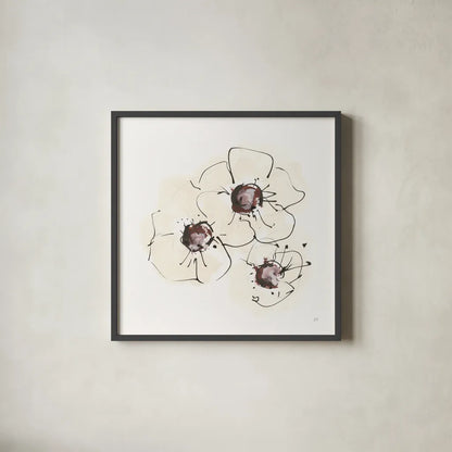 Ivory Poppies II by Chris Paschke. Shown in a sleek black glass frame for a contemporary gallery look. Available as an archival giclee rolled canvas, fine art paper, or poster print. SKU 91443a.