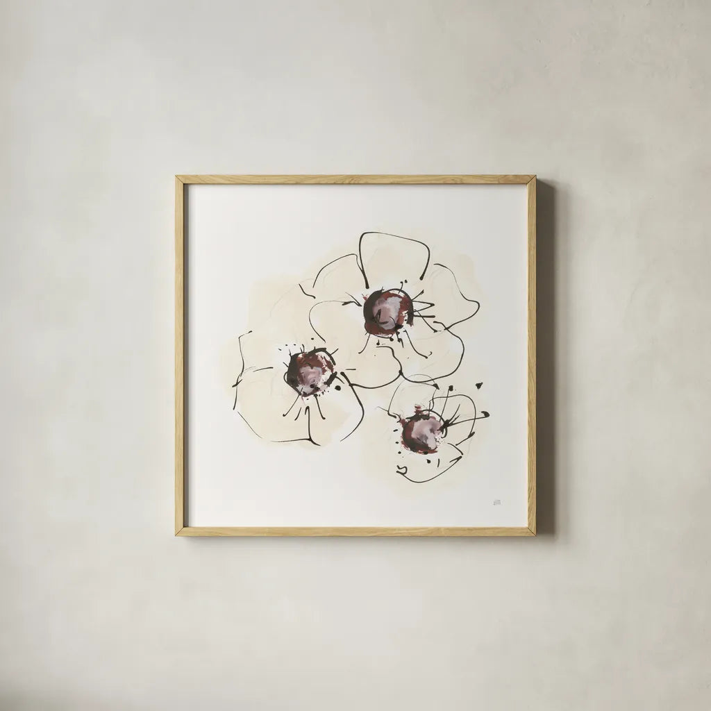 Ivory Poppies II by Chris Paschke. Shown in a natural wood glass frame for a timeless modern aesthetic. Available as an archival giclee rolled canvas, fine art paper, or poster print. SKU 91443a.