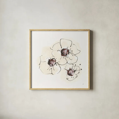 Ivory Poppies II by Chris Paschke. Shown in a natural wood glass frame for a timeless modern aesthetic. Available as an archival giclee rolled canvas, fine art paper, or poster print. SKU 91443a.
