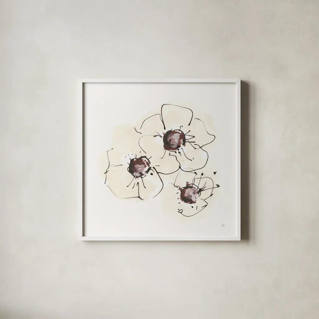 Ivory Poppies II by Chris Paschke. Shown in a crisp white glass frame for a clean and minimalist style. Available as an archival giclee rolled canvas, fine art paper, or poster print. SKU 91443a.