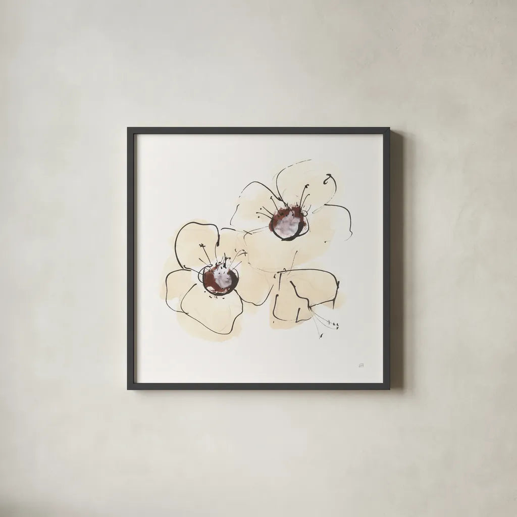 Ivory Poppies IV by Chris Paschke. Shown in a sleek black glass frame for a contemporary gallery look. Available as an archival giclee rolled canvas, fine art paper, or poster print. SKU 91445a.