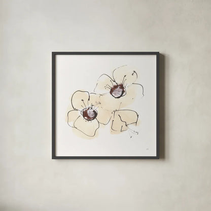 Ivory Poppies IV by Chris Paschke. Shown in a sleek black glass frame for a contemporary gallery look. Available as an archival giclee rolled canvas, fine art paper, or poster print. SKU 91445a.