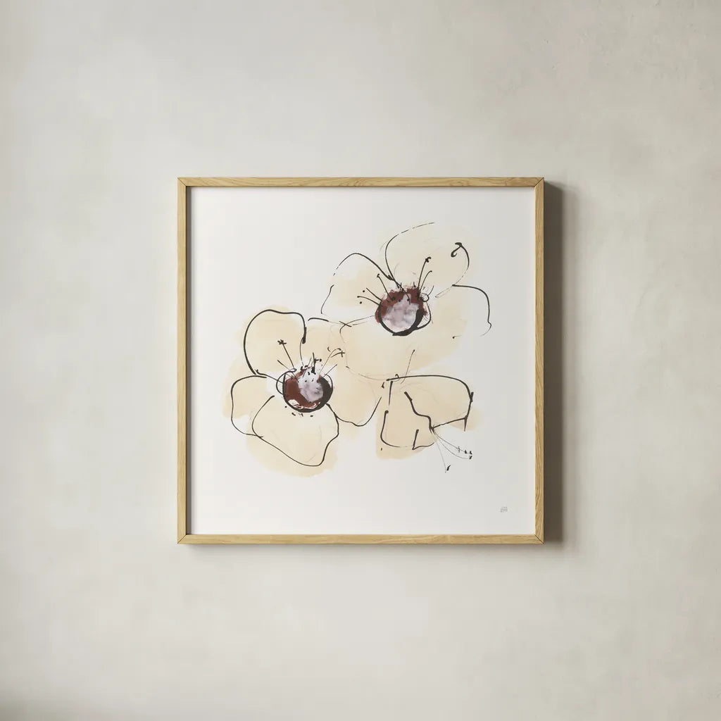 Ivory Poppies IV by Chris Paschke. Shown in a natural wood glass frame for a timeless modern aesthetic. Available as an archival giclee rolled canvas, fine art paper, or poster print. SKU 91445a.