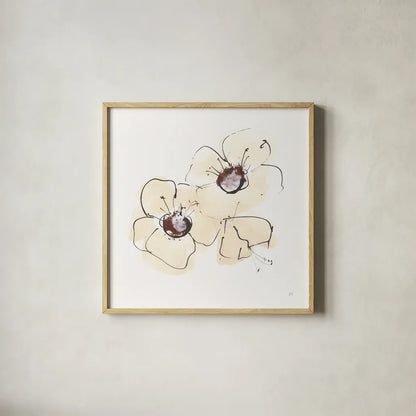 Ivory Poppies IV by Chris Paschke. Shown in a natural wood glass frame for a timeless modern aesthetic. Available as an archival giclee rolled canvas, fine art paper, or poster print. SKU 91445a.