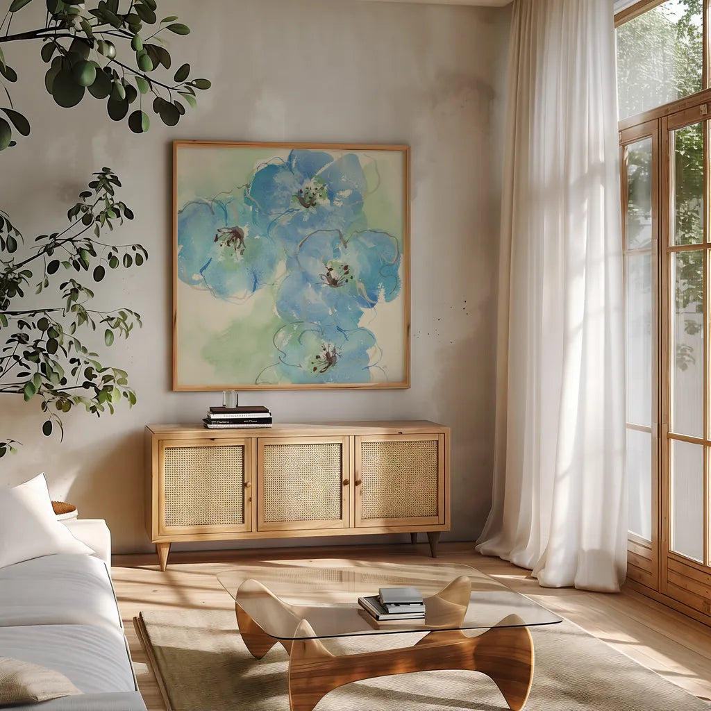 Japanese Quince I by Chris Paschke. Shown in a natural wood frame in a cozy modern living room. Available as an archival giclee rolled canvas, fine art paper, or poster print. SKU 50261a.