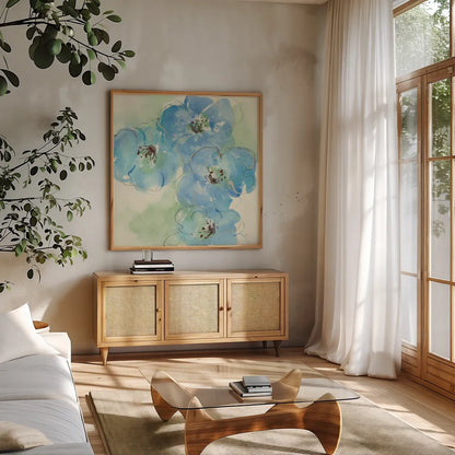 Japanese Quince I by Chris Paschke. Shown in a natural wood frame in a cozy modern living room. Available as an archival giclee rolled canvas, fine art paper, or poster print. SKU 50261a.