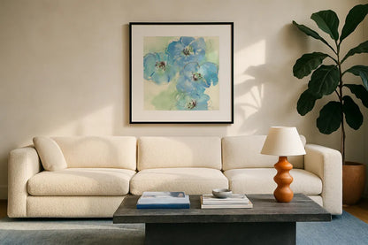 Japanese Quince I by Chris Paschke. Displayed in a glass frame with matte in a clean modern living room. Available as an archival giclee rolled canvas, fine art paper, or poster print. SKU 50261a.