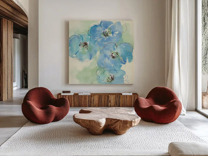 Japanese Quince I by Chris Paschke. Shown as extra-large giant wall art in a modern living room. Available as an archival giclee rolled canvas, fine art paper, or poster print. SKU 50261a.