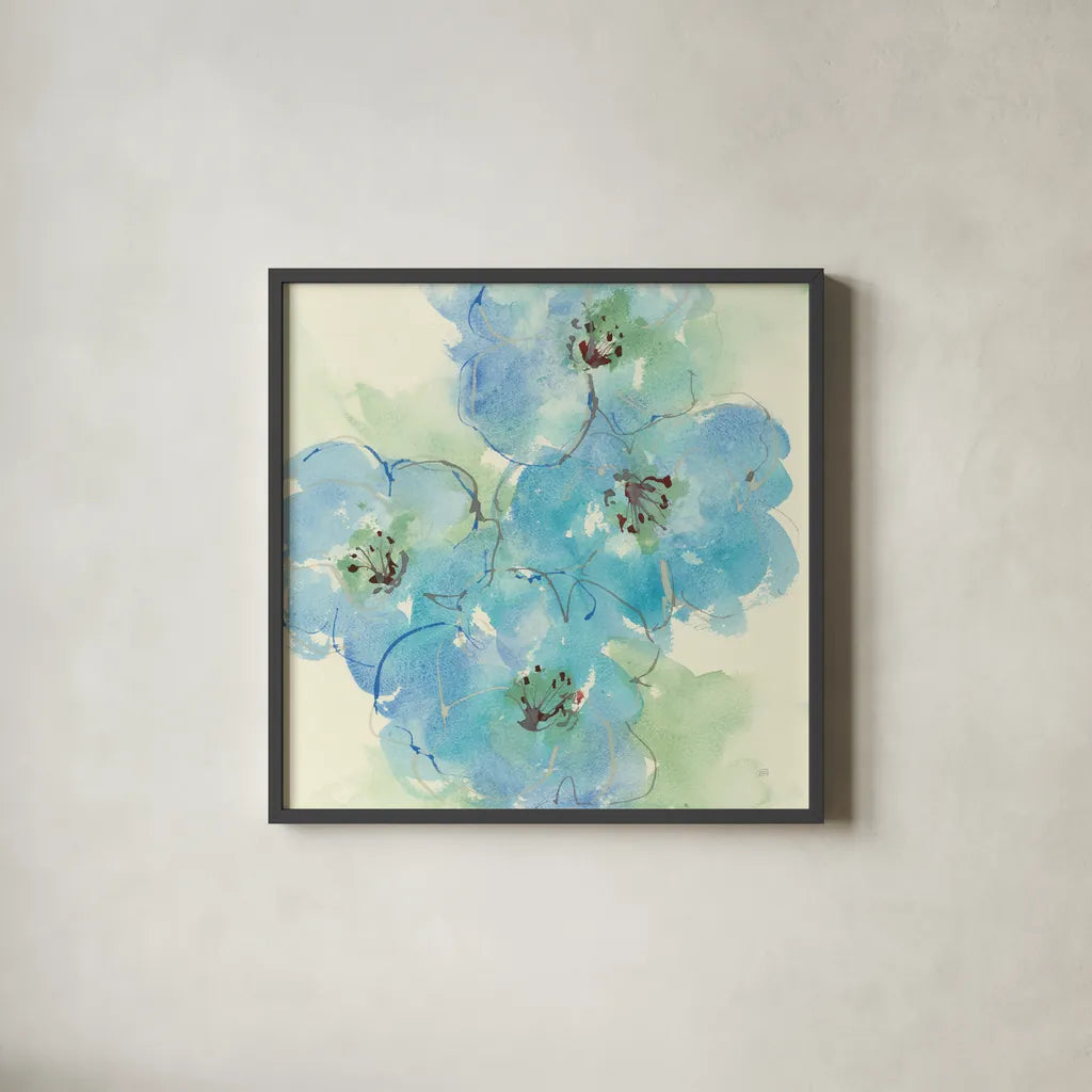 Japanese Quince II by Chris Paschke. Shown in a sleek black glass frame for a contemporary gallery look. Available as an archival giclee rolled canvas, fine art paper, or poster print. SKU 50262a.