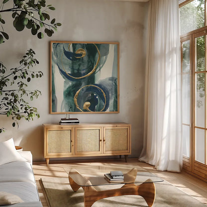 Jasper I by Chris Paschke. Shown in a natural wood frame in a cozy modern living room. Available as an archival giclee rolled canvas, fine art paper, or poster print. SKU 34707a.