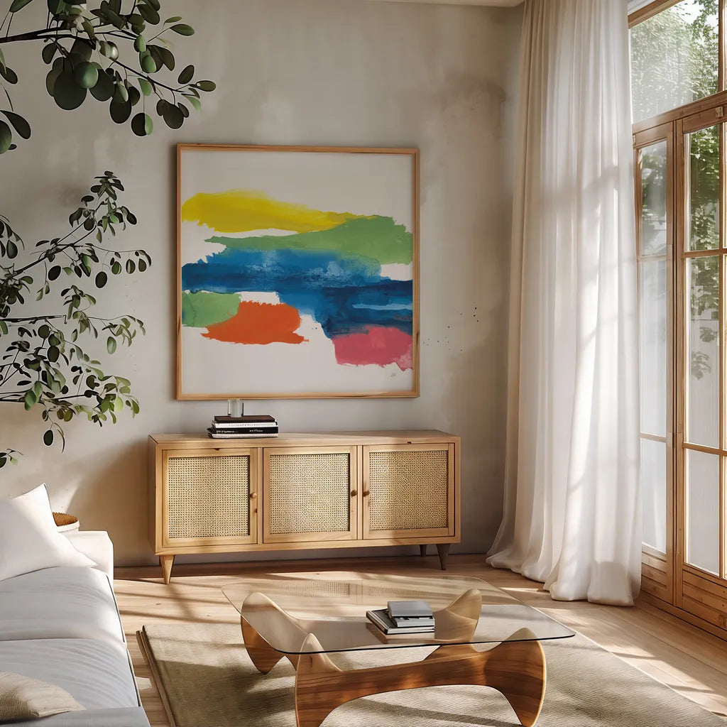 Jewel Abstraction I by Chris Paschke. Shown in a natural wood frame in a cozy modern living room. Available as an archival giclee rolled canvas, fine art paper, or poster print. SKU 80135a.