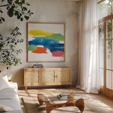 Jewel Abstraction I by Chris Paschke. Shown in a natural wood frame in a cozy modern living room. Available as an archival giclee rolled canvas, fine art paper, or poster print. SKU 80135a.