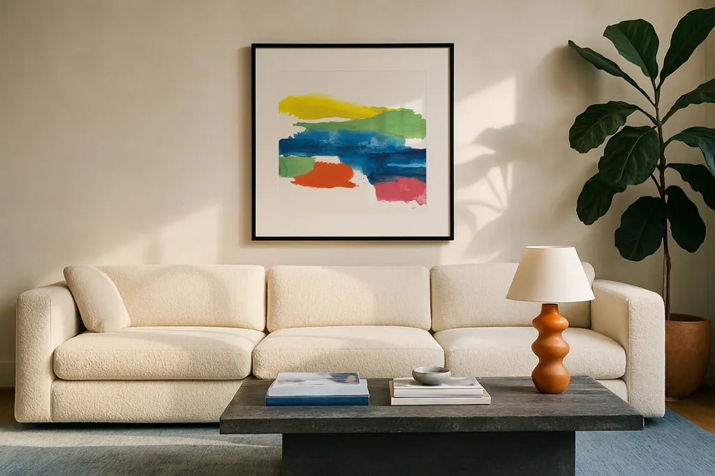 Jewel Abstraction I by Chris Paschke. Displayed in a glass frame with matte in a clean modern living room. Available as an archival giclee rolled canvas, fine art paper, or poster print. SKU 80135a.