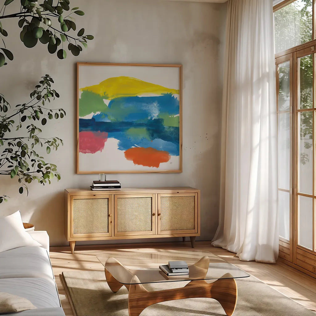 Jewel Abstraction II by Chris Paschke. Shown in a natural wood frame in a cozy modern living room. Available as an archival giclee rolled canvas, fine art paper, or poster print. SKU 80136a.