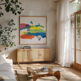 Jewel Abstraction III by Chris Paschke. Shown in a natural wood frame in a cozy modern living room. Available as an archival giclee rolled canvas, fine art paper, or poster print. SKU 80137a.