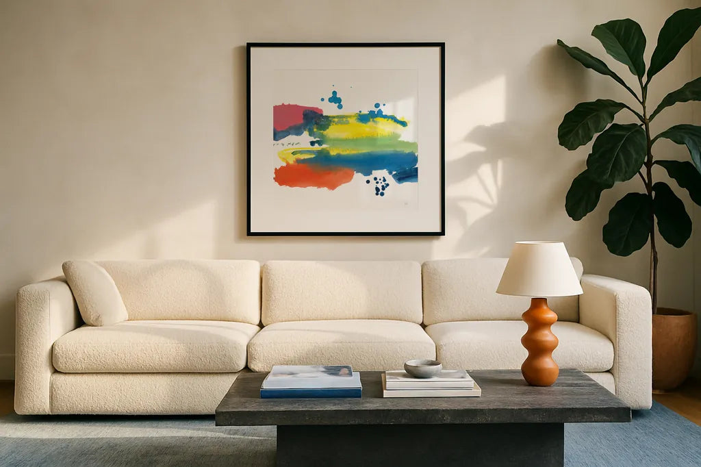 Jewel Abstraction III by Chris Paschke. Displayed in a glass frame with matte in a clean modern living room. Available as an archival giclee rolled canvas, fine art paper, or poster print. SKU 80137a.