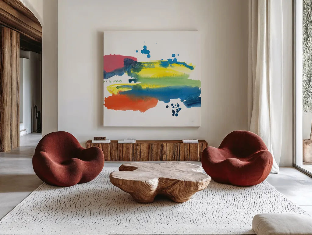 Jewel Abstraction III by Chris Paschke. Shown as extra-large giant wall art in a modern living room. Available as an archival giclee rolled canvas, fine art paper, or poster print. SKU 80137a.