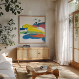 Jewel Abstraction IV by Chris Paschke. Shown in a natural wood frame in a cozy modern living room. Available as an archival giclee rolled canvas, fine art paper, or poster print. SKU 80138a.