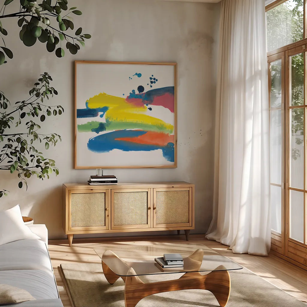 Jewel Abstraction IV by Chris Paschke. Shown in a natural wood frame in a cozy modern living room. Available as an archival giclee rolled canvas, fine art paper, or poster print. SKU 80138a.