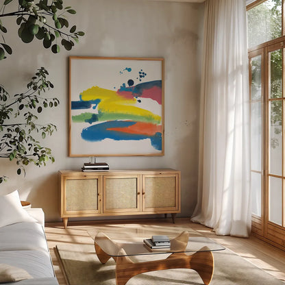 Jewel Abstraction IV by Chris Paschke. Shown in a natural wood frame in a cozy modern living room. Available as an archival giclee rolled canvas, fine art paper, or poster print. SKU 80138a.