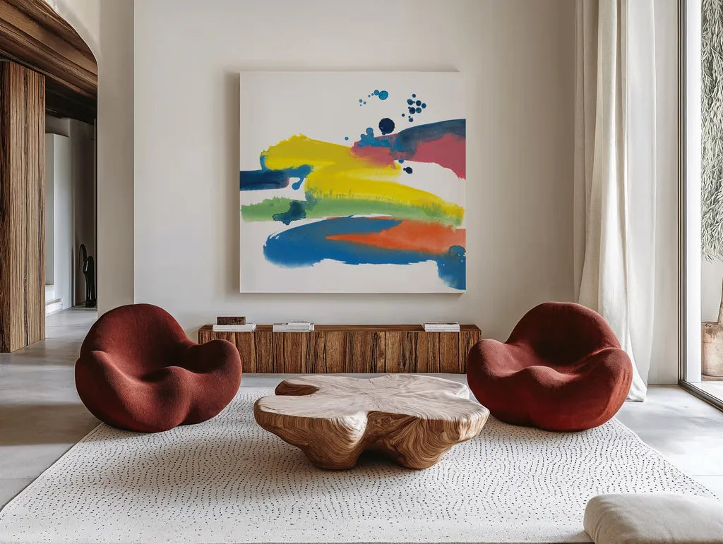 Jewel Abstraction IV by Chris Paschke. Shown as extra-large giant wall art in a modern living room. Available as an archival giclee rolled canvas, fine art paper, or poster print. SKU 80138a.