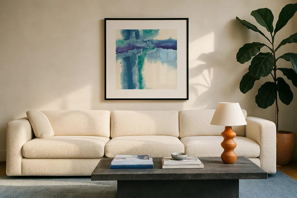 Jewel Tones I by Chris Paschke. Displayed in a glass frame with matte in a clean modern living room. Available as an archival giclee rolled canvas, fine art paper, or poster print. SKU 16799a.