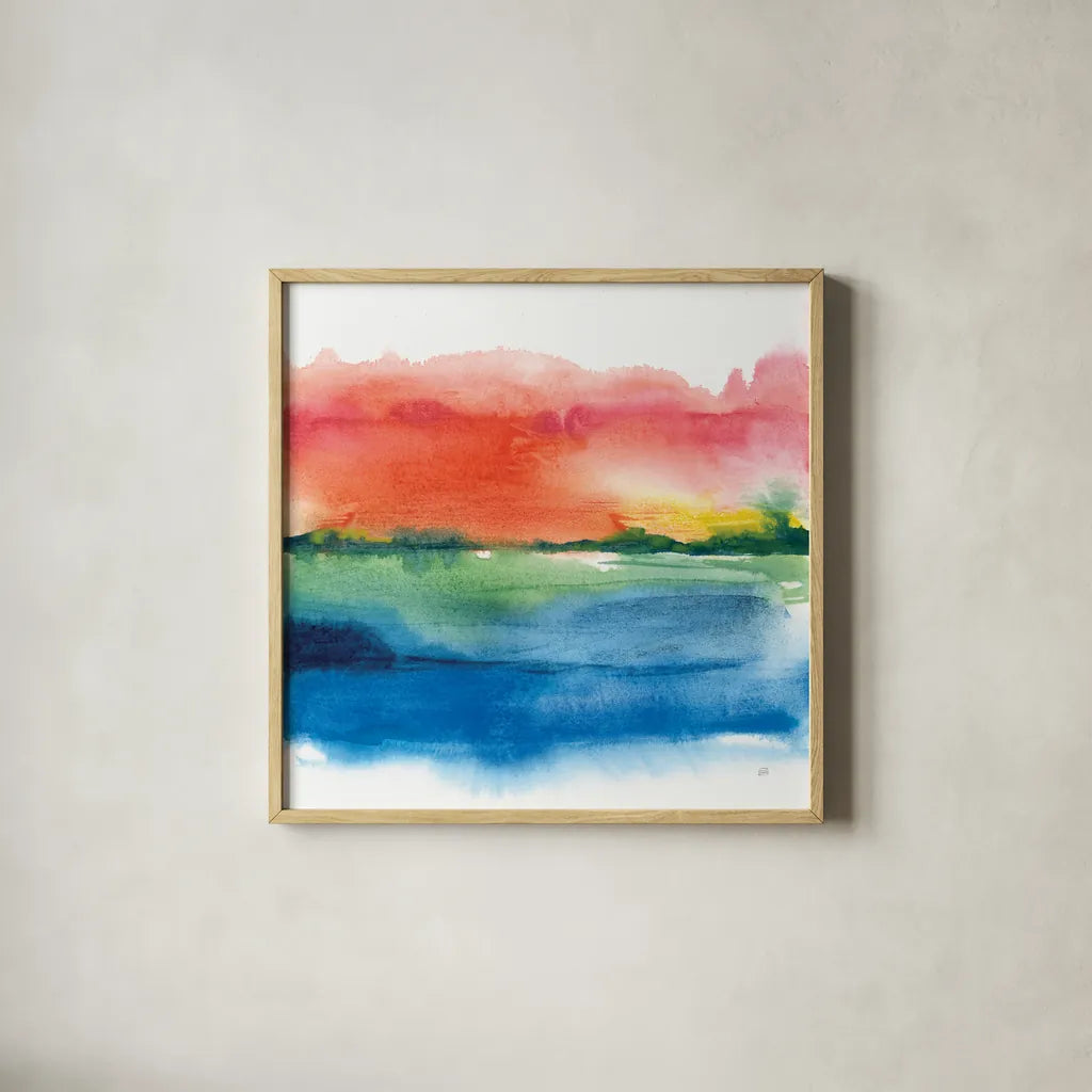 Jewel Waterway I by Chris Paschke. Shown in a natural wood glass frame for a timeless modern aesthetic. Available as an archival giclee rolled canvas, fine art paper, or poster print. SKU 80127a.