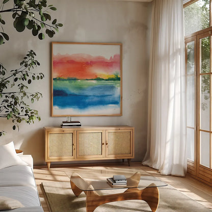 Jewel Waterway I by Chris Paschke. Shown in a natural wood frame in a cozy modern living room. Available as an archival giclee rolled canvas, fine art paper, or poster print. SKU 80127a.