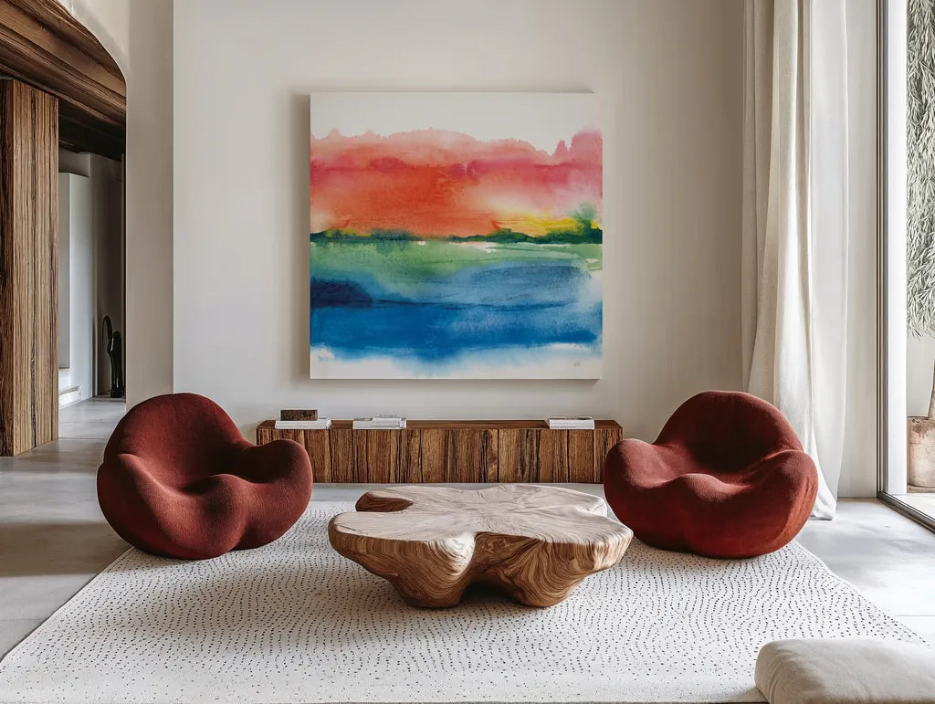 Jewel Waterway I by Chris Paschke. Shown as extra-large giant wall art in a modern living room. Available as an archival giclee rolled canvas, fine art paper, or poster print. SKU 80127a.