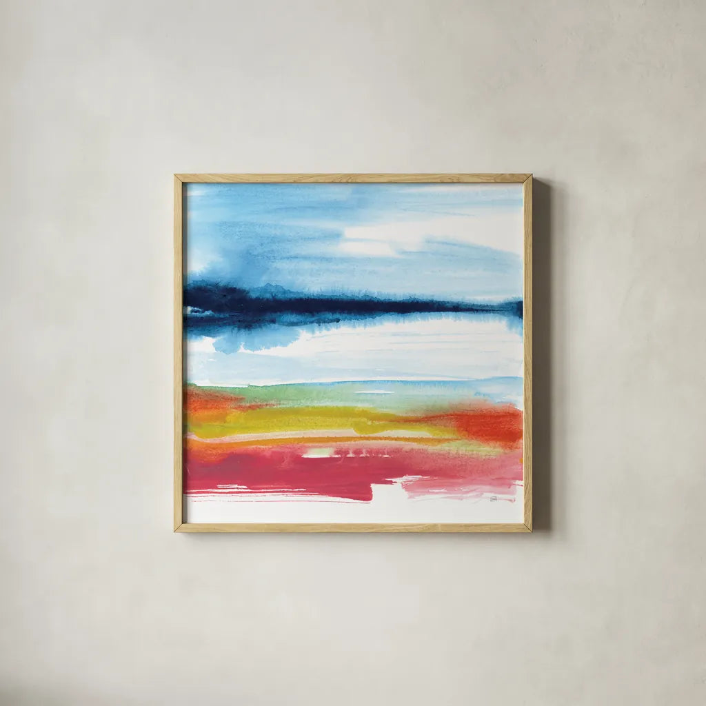 Jewel Waterway III by Chris Paschke. Shown in a natural wood glass frame for a timeless modern aesthetic. Available as an archival giclee rolled canvas, fine art paper, or poster print. SKU 80129a.