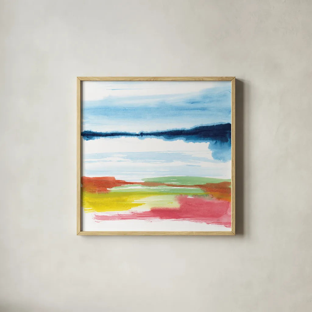 Jewel Waterway IV by Chris Paschke. Shown in a natural wood glass frame for a timeless modern aesthetic. Available as an archival giclee rolled canvas, fine art paper, or poster print. SKU 80130a.