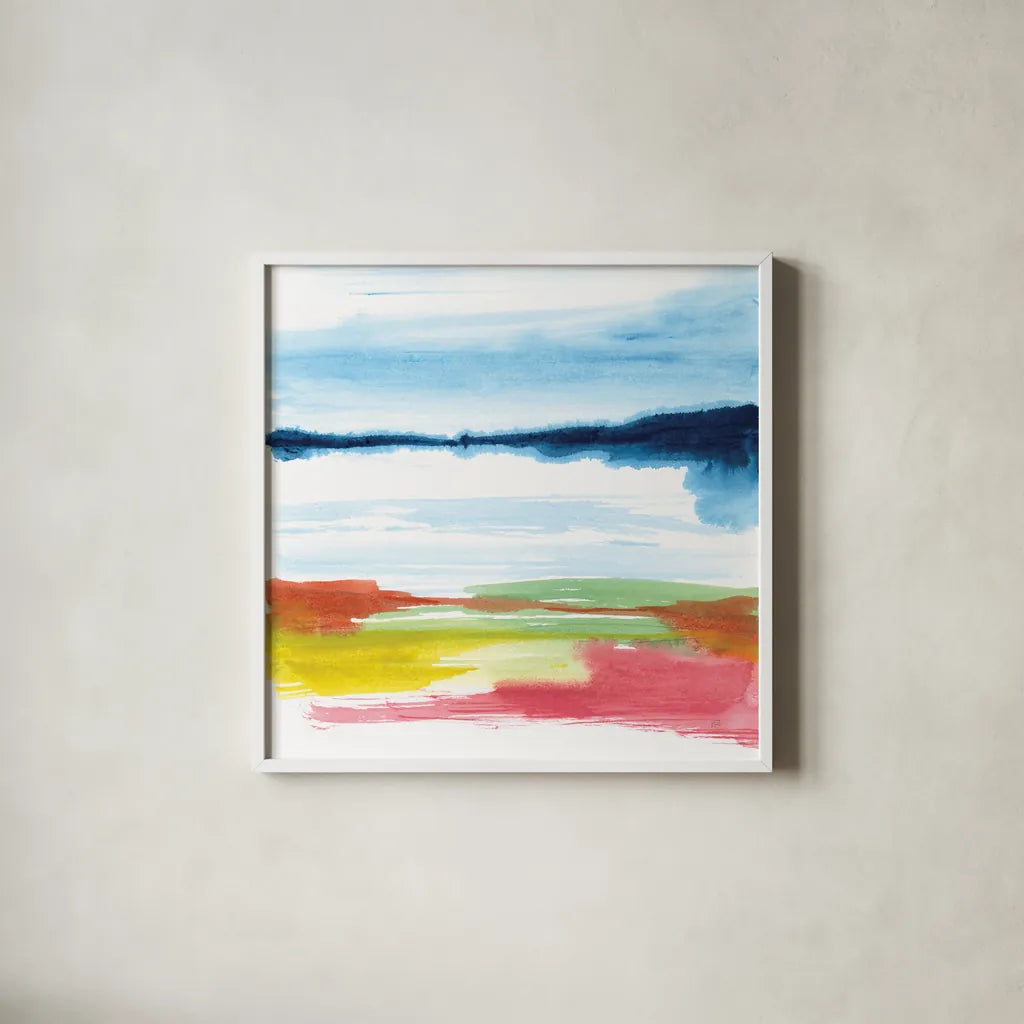 Jewel Waterway IV by Chris Paschke. Shown in a crisp white glass frame for a clean and minimalist style. Available as an archival giclee rolled canvas, fine art paper, or poster print. SKU 80130a.