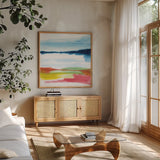 Jewel Waterway IV by Chris Paschke. Shown in a natural wood frame in a cozy modern living room. Available as an archival giclee rolled canvas, fine art paper, or poster print. SKU 80130a.