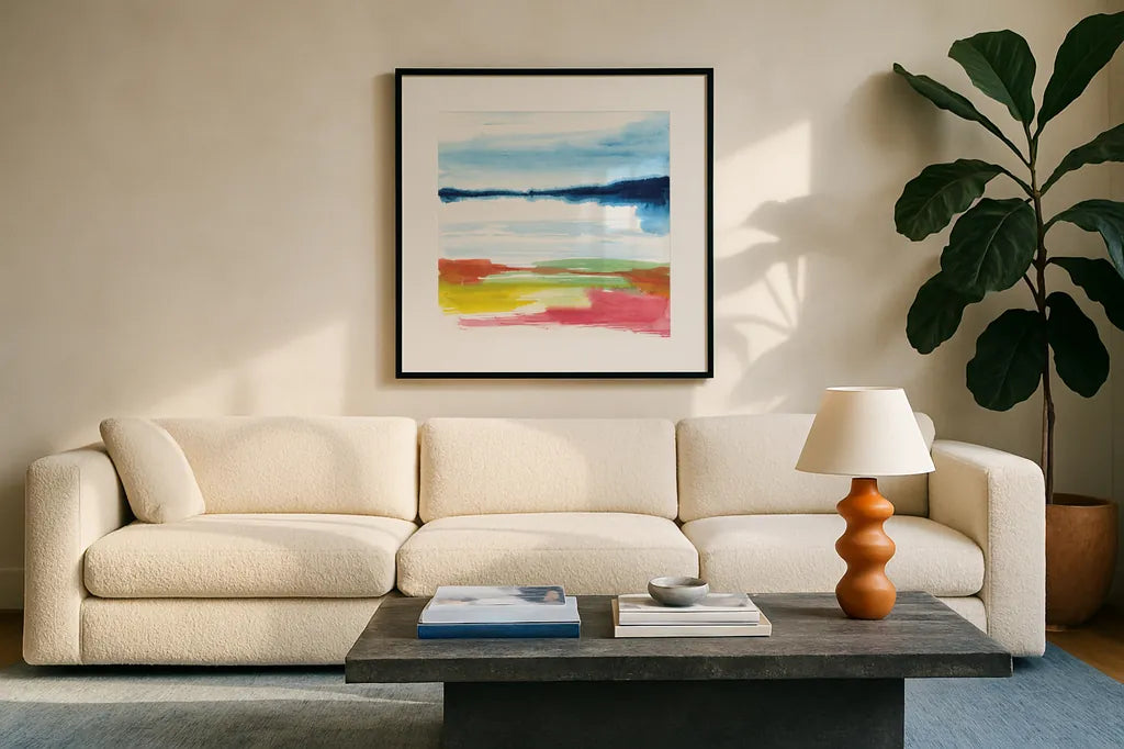 Jewel Waterway IV by Chris Paschke. Displayed in a glass frame with matte in a clean modern living room. Available as an archival giclee rolled canvas, fine art paper, or poster print. SKU 80130a.