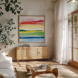 Jewel Waterway V by Chris Paschke. Shown in a natural wood frame in a cozy modern living room. Available as an archival giclee rolled canvas, fine art paper, or poster print. SKU 80131a.
