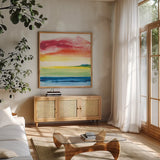 Jewel Waterway VI by Chris Paschke. Shown in a natural wood frame in a cozy modern living room. Available as an archival giclee rolled canvas, fine art paper, or poster print. SKU 80132a.