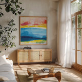 Jewel Waterway VII by Chris Paschke. Shown in a natural wood frame in a cozy modern living room. Available as an archival giclee rolled canvas, fine art paper, or poster print. SKU 80133a.