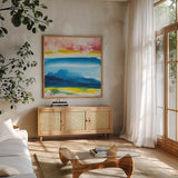 Jewel Waterway VIII by Chris Paschke. Shown in a natural wood frame in a cozy modern living room. Available as an archival giclee rolled canvas, fine art paper, or poster print. SKU 80134a.