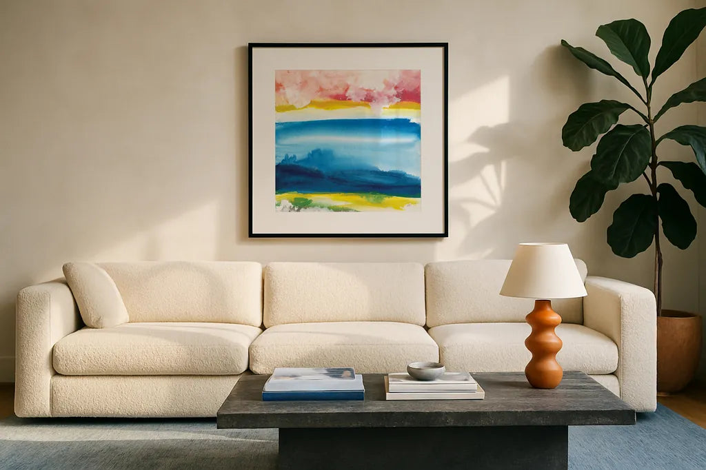 Jewel Waterway VIII by Chris Paschke. Displayed in a glass frame with matte in a clean modern living room. Available as an archival giclee rolled canvas, fine art paper, or poster print. SKU 80134a.