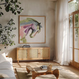 Kings Horses I by Chris Paschke. Shown in a natural wood frame in a cozy modern living room. Available as an archival giclee rolled canvas, fine art paper, or poster print. SKU 98221a.
