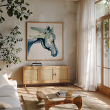 Kings Horses III Cool by Chris Paschke. Shown in a natural wood frame in a cozy modern living room. Available as an archival giclee rolled canvas, fine art paper, or poster print. SKU 100461a.