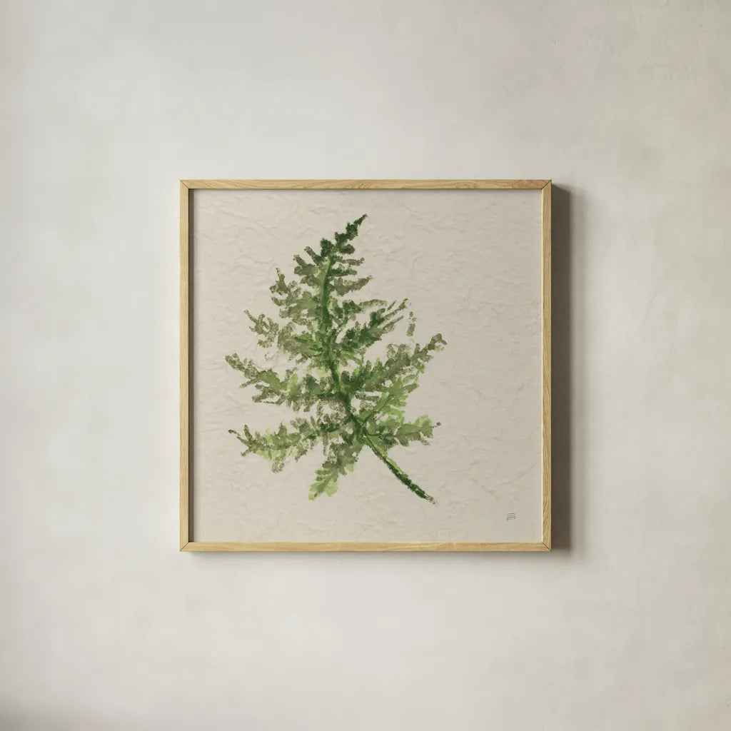 Kozo Fern I by Chris Paschke. Shown in a natural wood glass frame for a timeless modern aesthetic. Available as an archival giclee rolled canvas, fine art paper, or poster print. SKU 95414a.