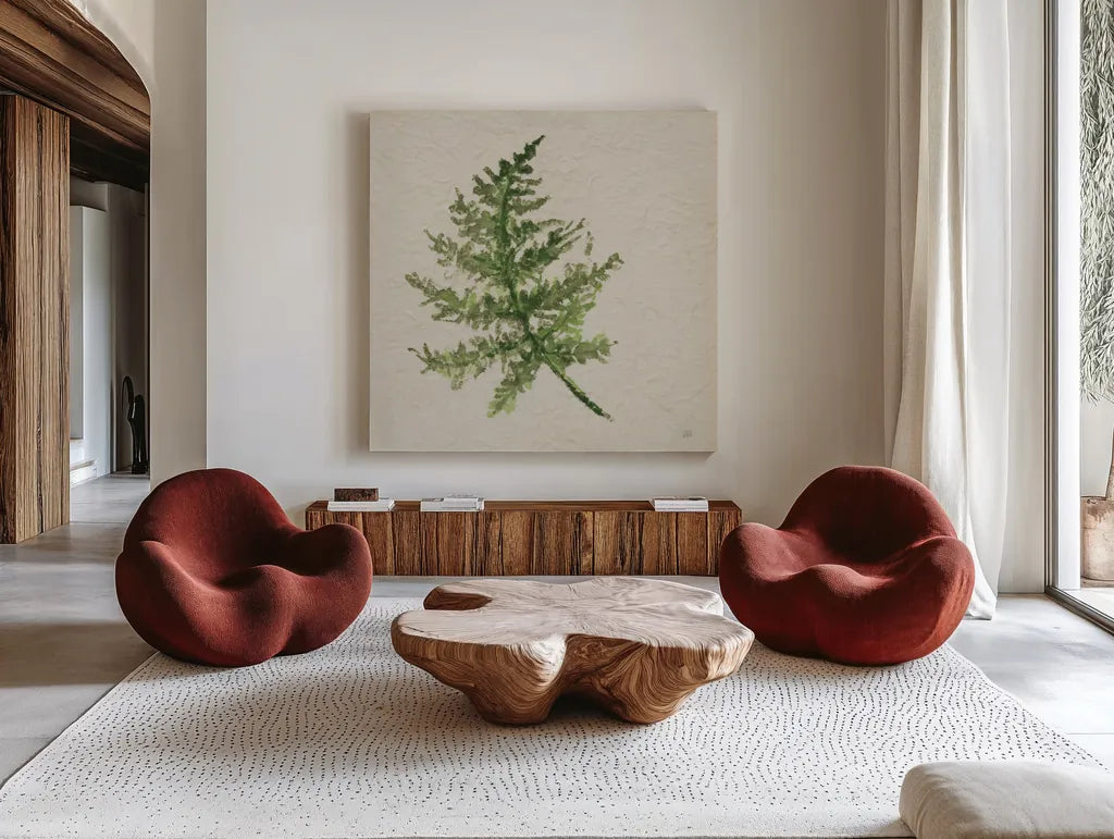 Kozo Fern I by Chris Paschke. Shown as extra-large giant wall art in a modern living room. Available as an archival giclee rolled canvas, fine art paper, or poster print. SKU 95414a.