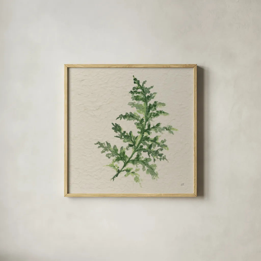 Kozo Fern II by Chris Paschke. Shown in a natural wood glass frame for a timeless modern aesthetic. Available as an archival giclee rolled canvas, fine art paper, or poster print. SKU 95415a.